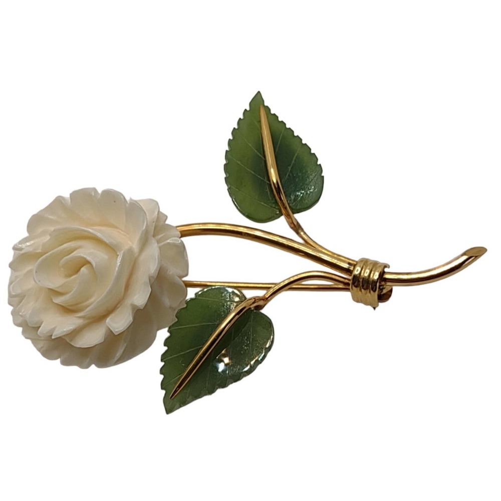 Vintage 1/20 12kt GF Flower Jade‎ Brooch Signed